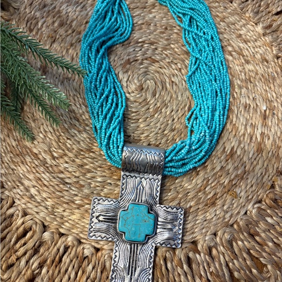 Turquoise Beaded Silver Cross Necklace - Picture 5 of 11